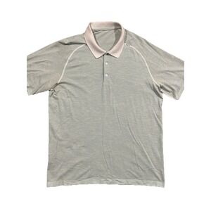 Lululemon Men Med Short Sleeve Button Polo Shirt Green White Striped Performance